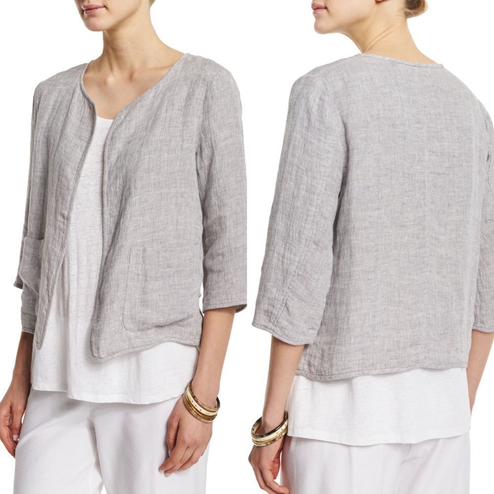 Eileen Fisher Light Gray Open-Front Linen Blend Jacket